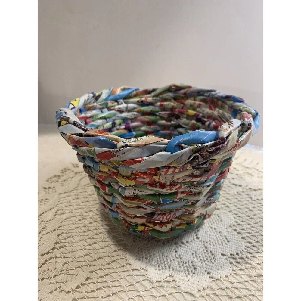 Up cycled Magazine Recycled Paper Weave Basket Planter Pot Holder Boho Unique - Picture 3 of 8